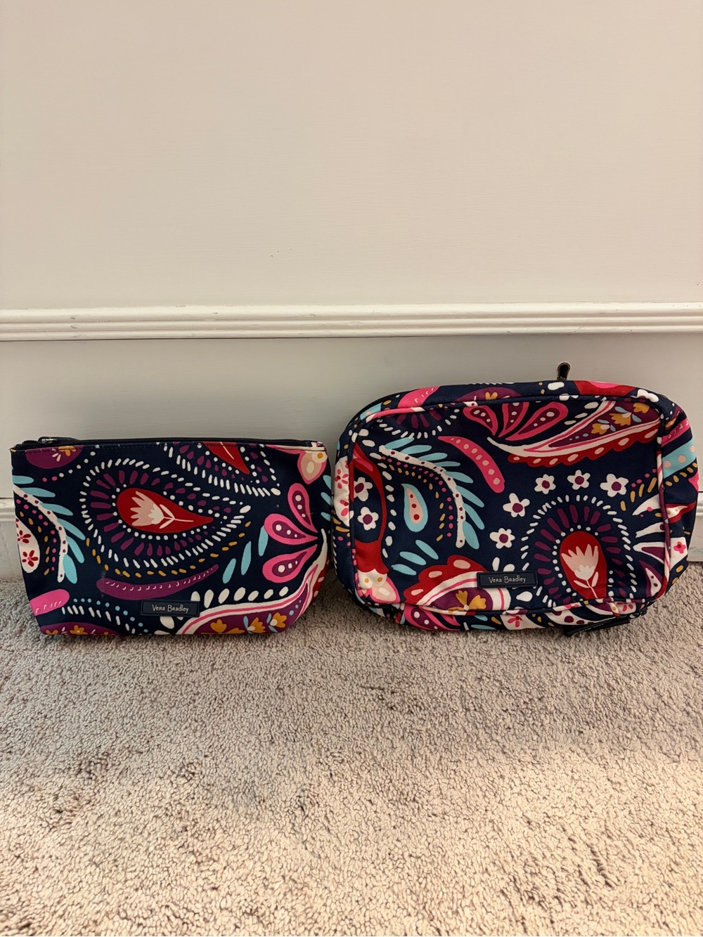Vera Bradley Navy Paisley Zip Cosmetic Pouch Duo with Pink & Teal Accents